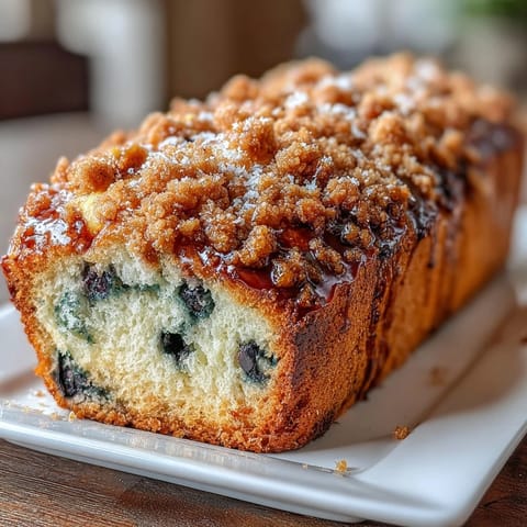 Moist lemon blueberry sourdough loaf with golden crumble top, perfect for breakfast or afternoon snack with tea.  