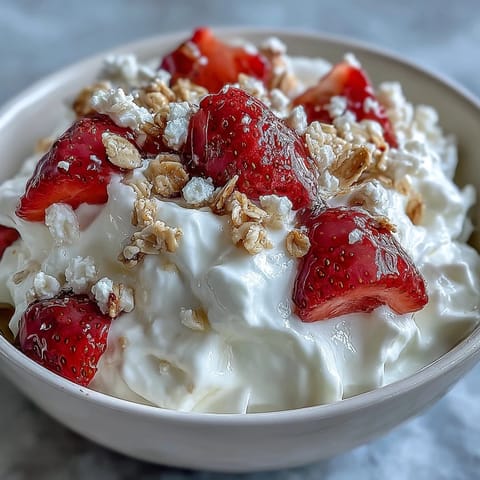 Fluffy Yogurt Breakfast Bowl with Strawberries and Granola Crunch - A light and creamy bowl with whipped Greek yogurt, fresh strawberries, and crunchy granola topping.