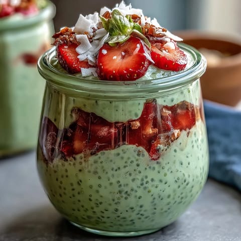 A vibrant jar of strawberry matcha overnight chia oats with fresh berries and creamy green layers, perfect for a healthy breakfast.