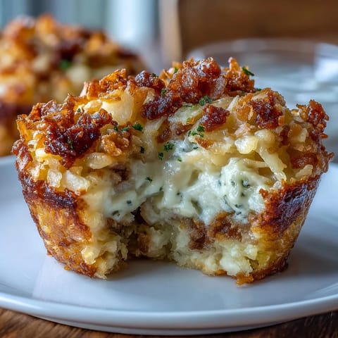 Savory muffin-sized servings of cheesy funeral potatoes, topped with crunchy cornflake crust and fresh chives.  
