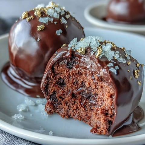 Luxurious chocolate truffles infused with strawberry, dipped in dark chocolate and garnished with shimmering edible gold flakes.