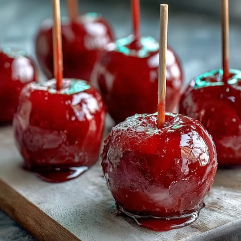 Bite-sized mini apples coated in a hard, shiny red candy shell, ideal for fun party treats.