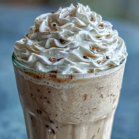 A creamy iced vanilla bean frappuccino blended with coffee and almond milk, topped with fluffy coconut whipped cream.  