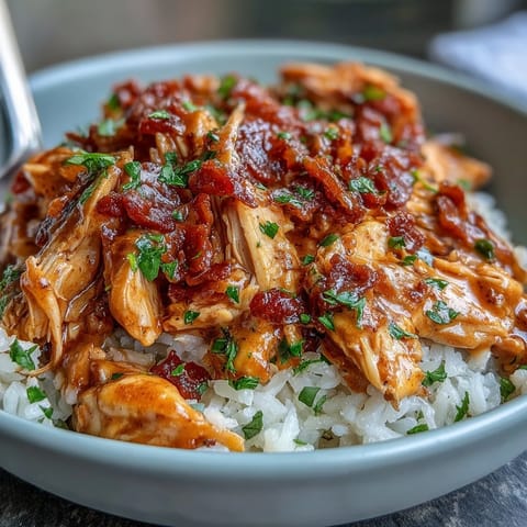 Crockpot Mississippi Chicken Rice Bowls with tender shredded chicken and zesty pepperoncini served over fluffy rice.