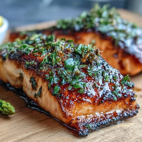 Herb roasted salmon with asparagus, drizzled in olive oil and garnished with fresh dill and parsley.  