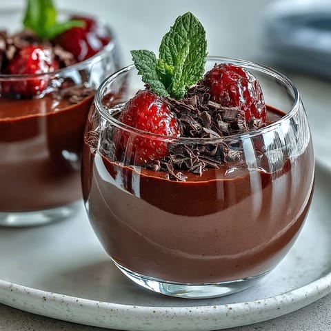 Rich chocolate mousse cups made with cottage cheese, garnished with a colorful mix of raspberries, blueberries, and strawberries.