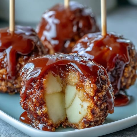 Mini Candy Apple Bites on skewers, featuring crisp apples dipped in vibrant, sweet hard candy shell.