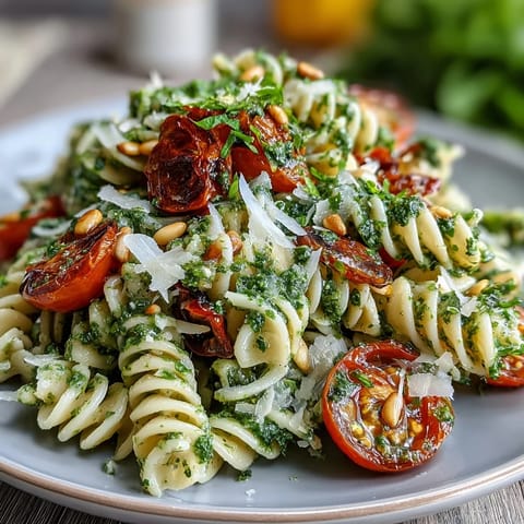 Fresh homemade basil pesto coats al dente pasta in this colorful cherry tomato summer salad.  