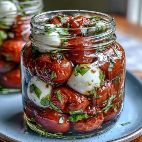Vibrant mason jar Caprese salad with cherry tomatoes, mozzarella, and basil in a portable layered jar.