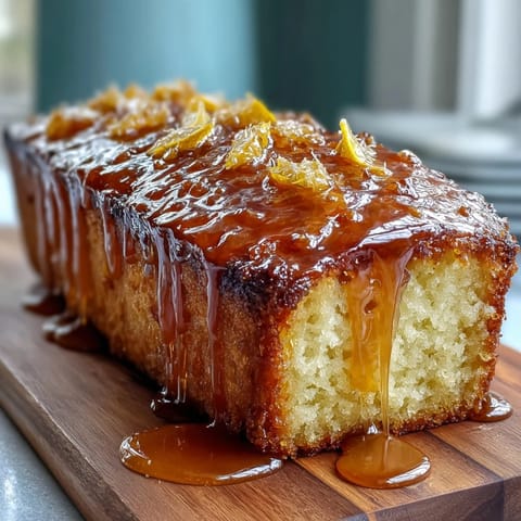 Moist dandelion honey cake with lemon glaze, golden crumb and bright citrus topping on a white plate.