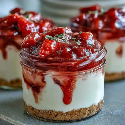 No-Bake Strawberry Cheesecake Jars with a creamy filling and fresh strawberry compote in individual jars.