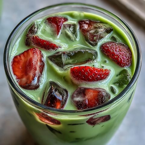 Strawberry Matcha Latte with Oat Milk: a vibrant, layered drink featuring sweet strawberry puree, earthy matcha, and creamy oat milk.