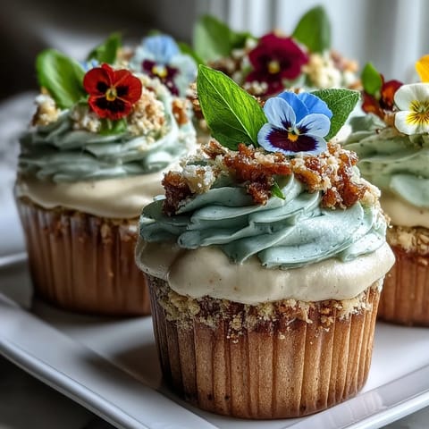 Spring cupcakes with buttercream frosting and edible flower decorations, perfect for a festive spring dessert table.