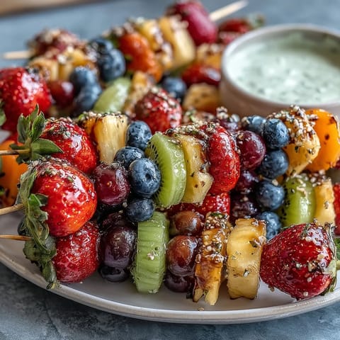 Rainbow Fruit Skewers with Honey Dip: Colorful fruit skewers arranged in rainbow order, served with a creamy honey-yogurt dip for a refreshing summer snack.