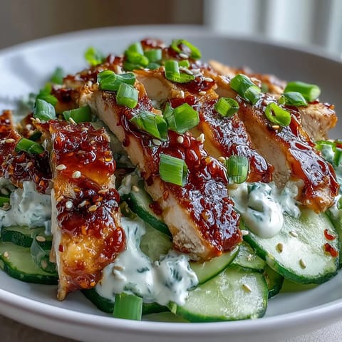Freshly seared chicken slices glisten over a creamy cucumber salad in a TikTok Chili-Crisp Cucumber Chicken Bowl, garnished with sesame seeds.
