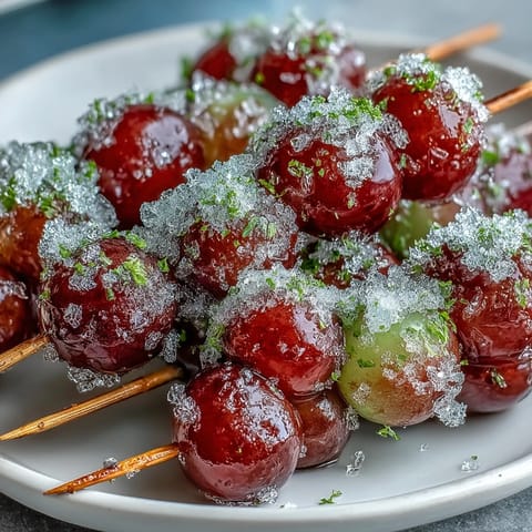 Frozen grape skewers with lime sugar, juicy and icy, coated in zesty citrus sugar for a refreshing summer treat.  