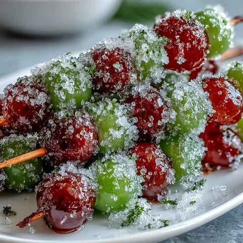 Colorful frozen grape skewers drizzled in lime sugar, offering a bright, sweet-tart snack perfect for hot days and parties.  