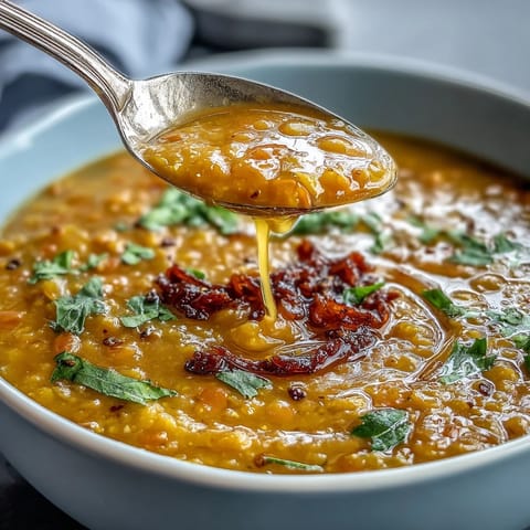 Creamy red lentil soup infused with golden turmeric, warming cumin, and bright lemon, garnished with fresh cilantro for a nourishing meal.