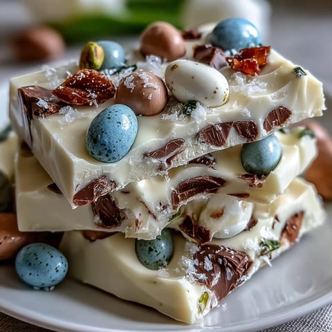 White Chocolate Easter Bark with pastel candy eggs and crunchy pistachios, a festive springtime treat.  