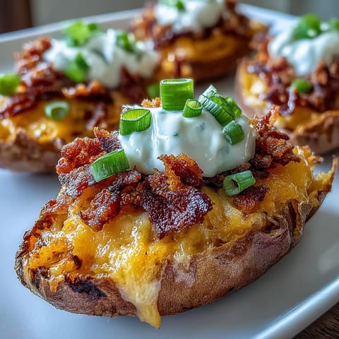 Golden-baked sweet potato skins filled with gooey cheese, crispy bacon, and a dollop of sour cream.