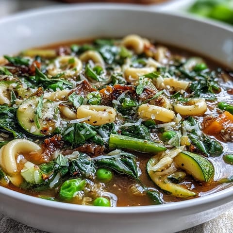 Colorful Spring Minestrone with zucchini, peas, spinach, and pasta in a light, aromatic vegetable broth.  