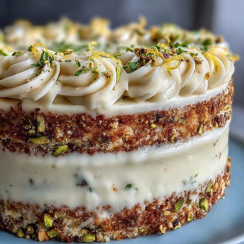 Vibrant Spring Birthday Lemon Pistachio Layered Cake with fluffy frosting and crunchy nuts.