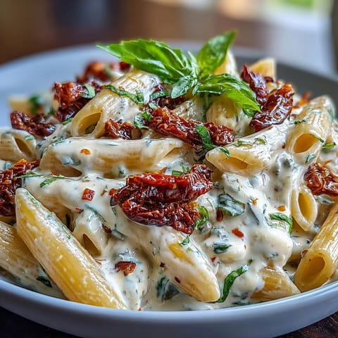 Creamy Marry Me Pasta with sun-dried tomatoes, garnished with fresh basil.