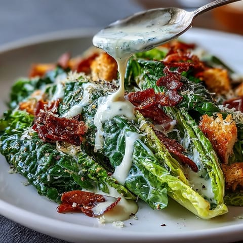 Vibrant tahini Caesar salad with crisp romaine, cherry tomatoes, and crunchy croutons tossed in creamy lemon-tahini dressing.