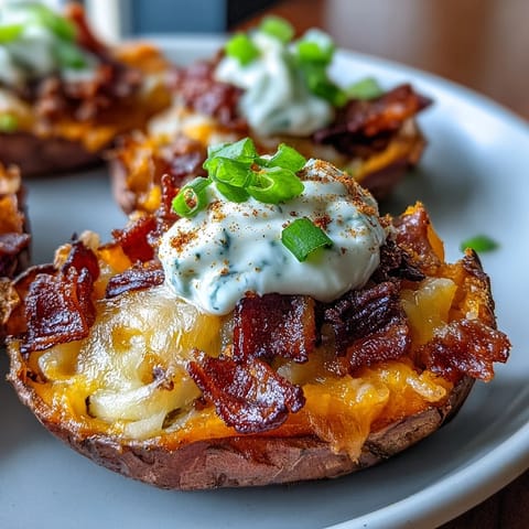 Crispy loaded sweet potato skins topped with melted cheddar, smoky bacon, and cool sour cream.