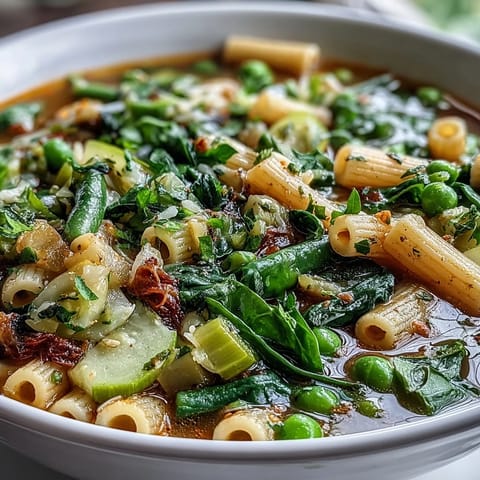 A vibrant bowl of Spring Minestrone soup with fresh vegetables, tender pasta, and herbs in savory broth.  