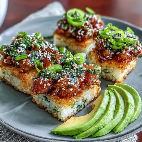 Crispy golden rice squares topped with creamy, spicy tuna and garnished with avocado and microgreens for a sushi bar favorite.