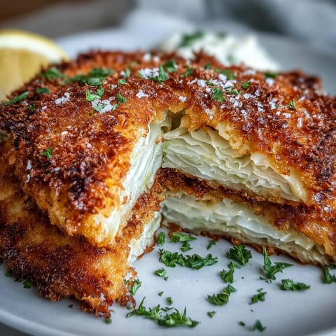 Golden-brown vegetarian cabbage schnitzel with crispy breadcrumb coating served on a white plate with lemon wedges and parsley garnish.  