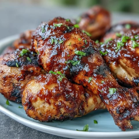 Juicy BBQ chicken drumsticks with spicy peach glaze, grilled tender and sticky.