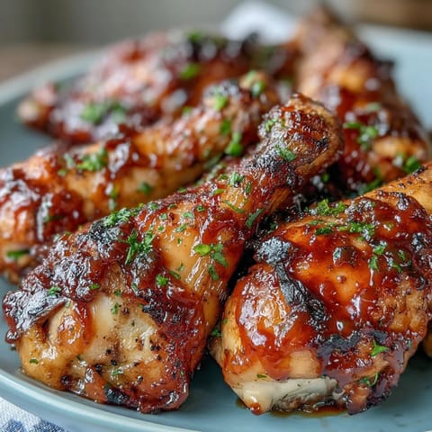 Glistening BBQ chicken drumsticks coated in a sweet, spicy peach glaze.