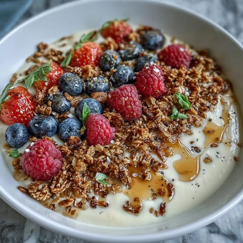 Vibrant Skyr Protein Smoothie Bowl with berries and granola, a healthy breakfast.
