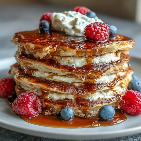 Fluffy Icelandic Skyr Pancakes stacked high, drizzled with maple syrup and fresh berries.