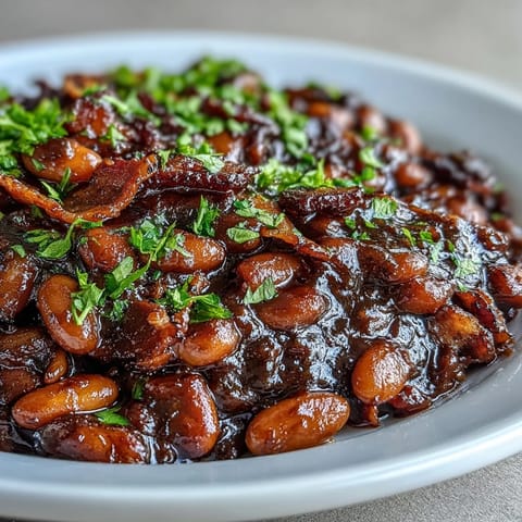 Hearty, slow-cooked Juneteenth BBQ Baked Beans with bacon, bubbling hot from the oven.