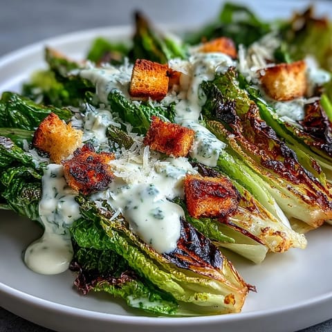 Grilled Caesar Salad: smoky charred romaine, creamy dressing, and crunchy Parmesan croutons.