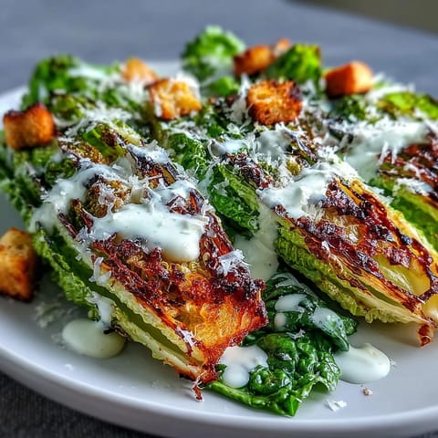 Picture this Grilled Caesar Salad with perfectly grilled romaine, rich dressing, and crispy croutons.