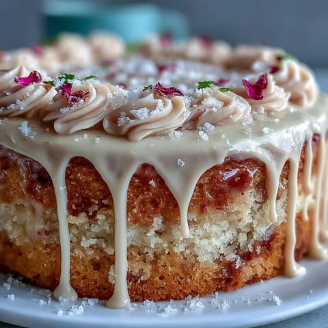 Delicate pink Bridal Shower Rosé Velvet Cake with glistening gold drip decoration.