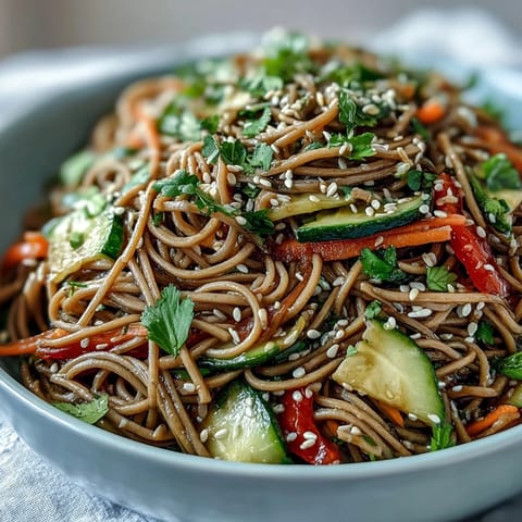 Chilled soba noodle salad with bright veggies and zesty sesame ginger dressing.