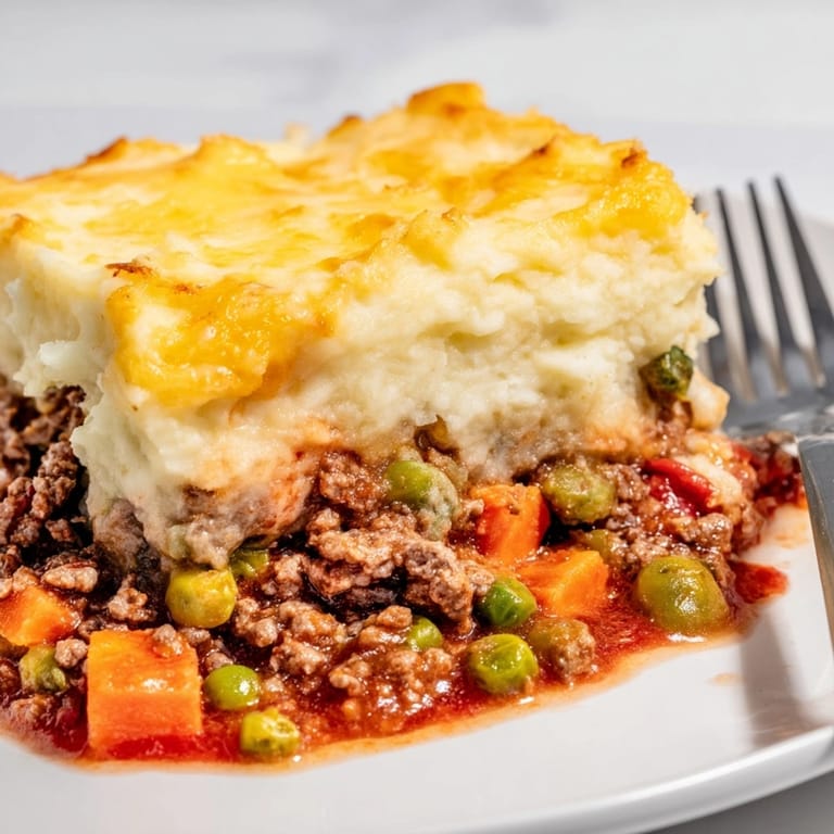 Serving suggestion: A slice of Warm Rustic Shepherds Pie, steam rising, ready for a hearty meal.