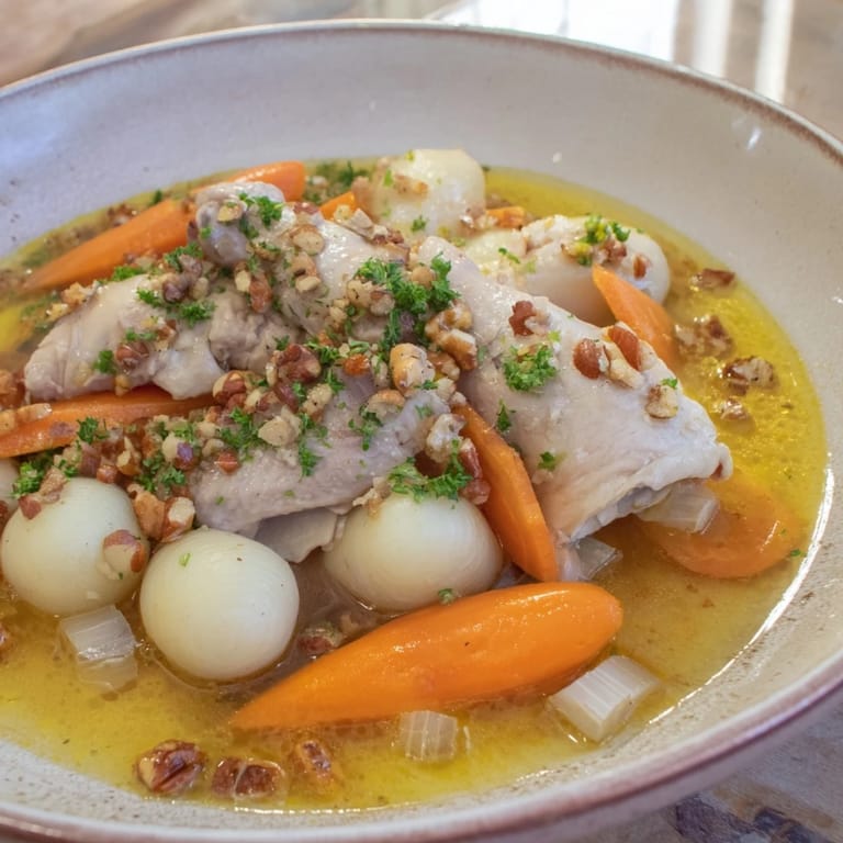 Tender chicken and fluffy dumplings in a rich broth: savor Nut-Warm Homestyle Chicken and Dumplings tonight.