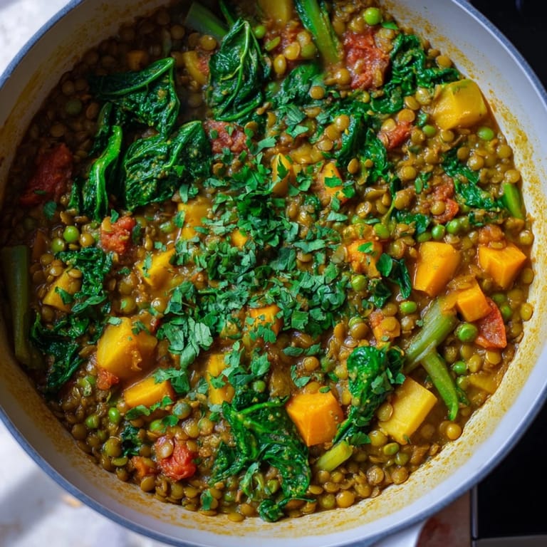 This inviting image shows a savory Lentil and Spinach Curry, ready to be enjoyed with rice.