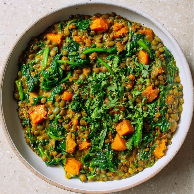 A close-up of a flavorful Lentil and Spinach Curry, served in a bowl, garnished with cilantro.