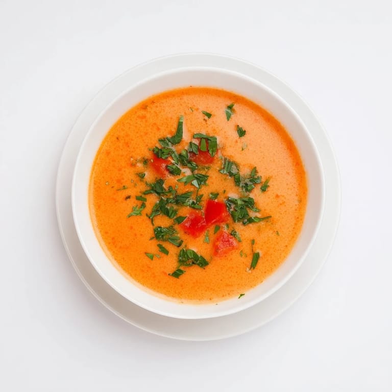 A vibrant bowl of Whisked Weeknight Creamy Tomato and Basil Soup, garnished with fresh basil.