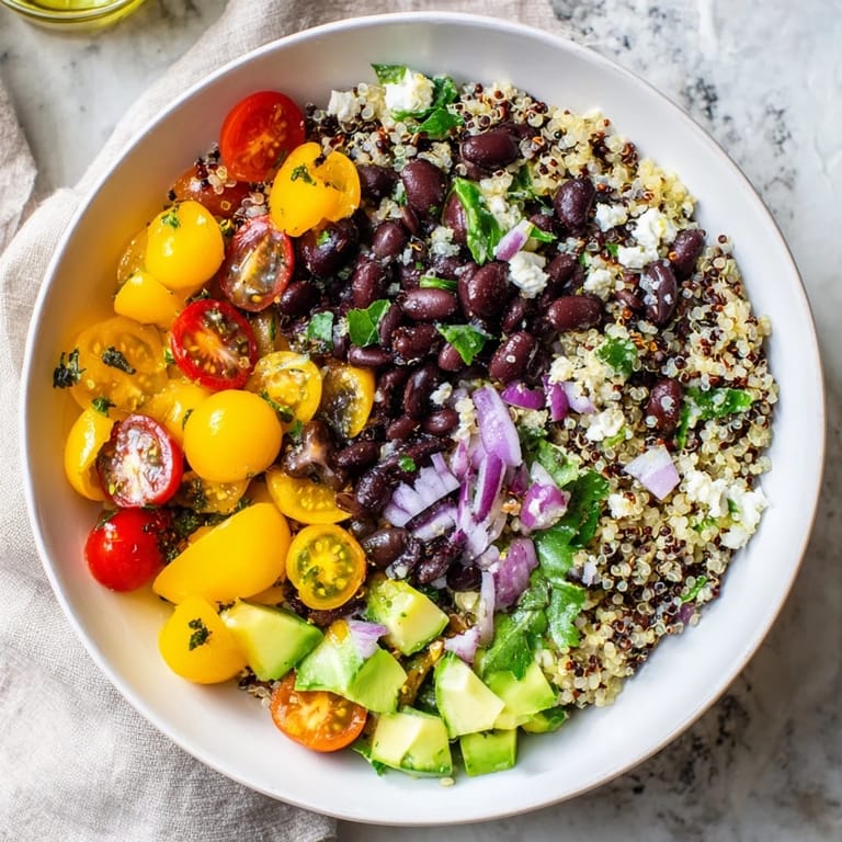 A healthy Poppy-Bright Quinoa and Black Bean Salad, overflowing with fresh ingredients and the perfect dressing.