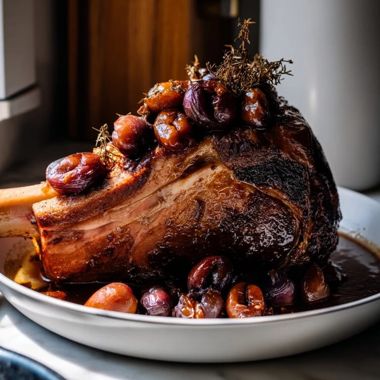 Golden-seared Plum-Soft Pork Chops nestled with plums in a flavorful balsamic sauce; a visual delight.