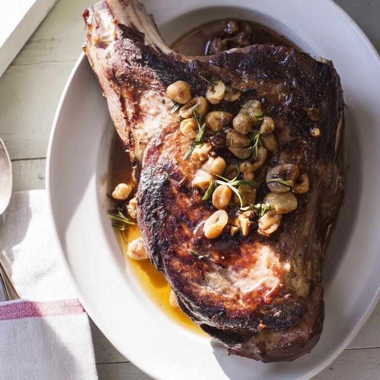 Savory Plum-Soft Pork Chops resting in a skillet, showcasing the plums and balsamic glaze's deliciousness.