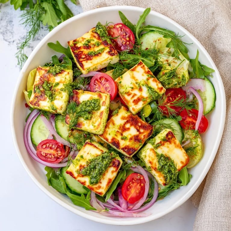 This grilled halloumi recipe features beautifully seared cheese with fresh pesto, ready in under 30 minutes!